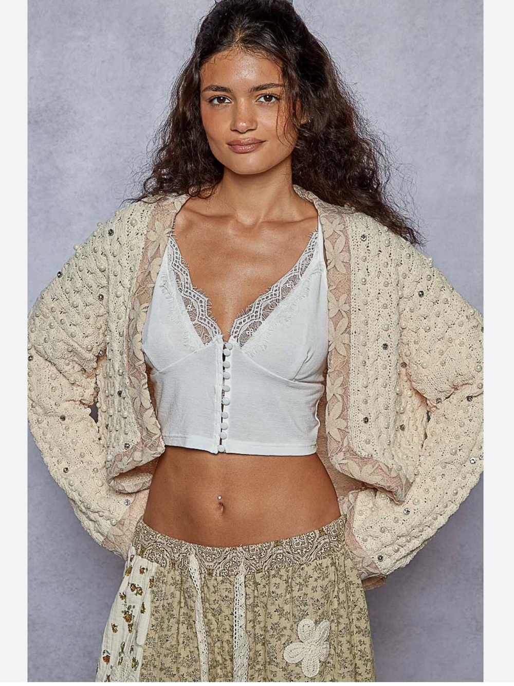 New: POL Boho Cream Beaded Chenille Crochet Knit Open-Front Lace Trim Cardigan•S - Picture 3 of 9